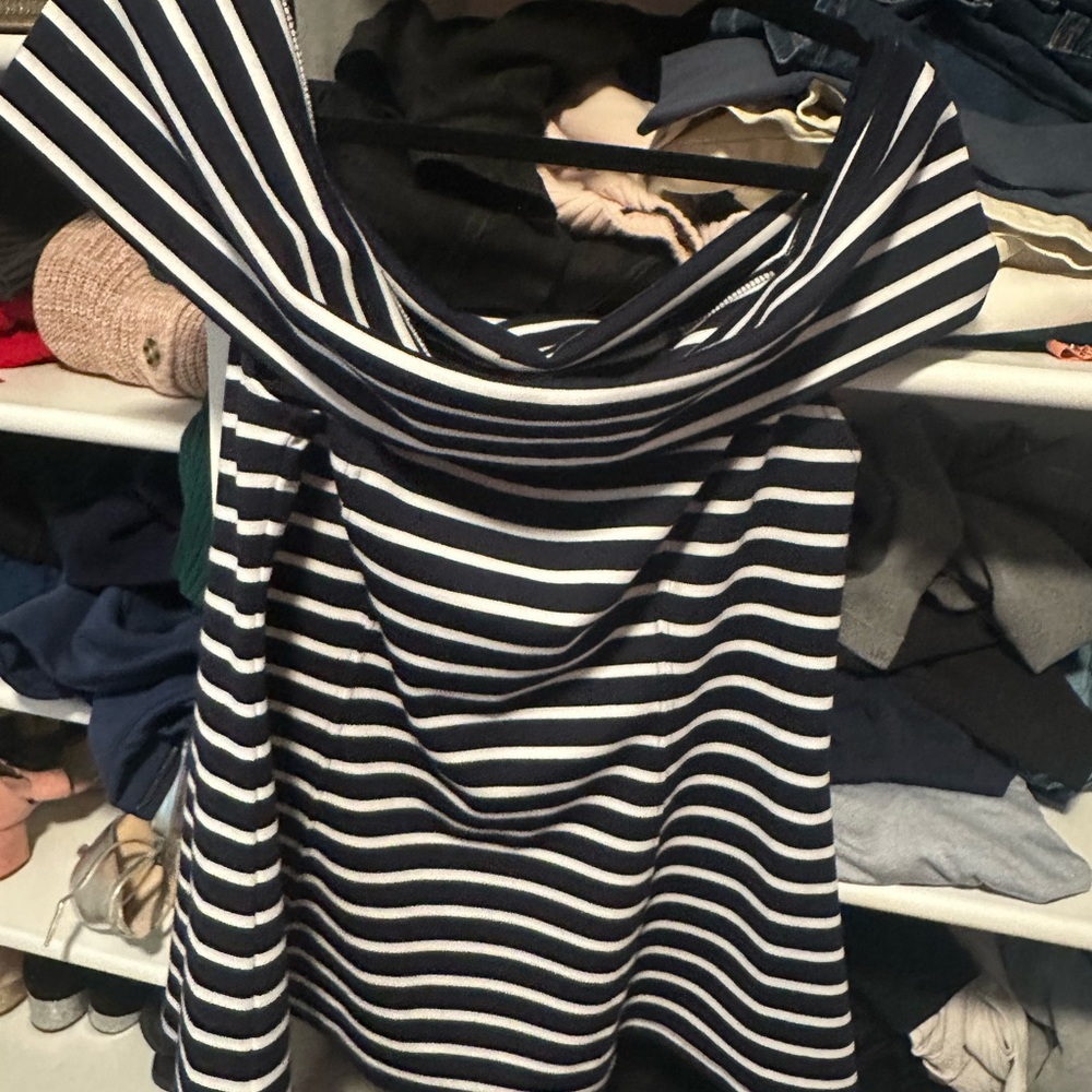 Anthropologie Off-the-Shoulder Navy and White Sweater